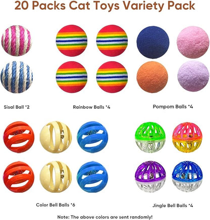 Cat Toys for Indoor Cats, Cat Toys Balls, 20 Packs Interactive Cat Toy Set with Colorful Bell, Jingle Bell, Rainbow, Pompom and Sisal Ball for Kittens