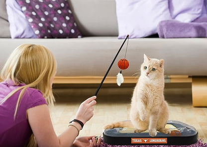CATS SCRATCHER NCAA Texas Longhorns Basketball Court CAT Scratcher Toy with Catnip Filled Plush Basketball Toy & Feather Cat Toy Hanging, with Jingle Bell Interactive Ball Cat Chasing 5-in-1 Kitty Toy