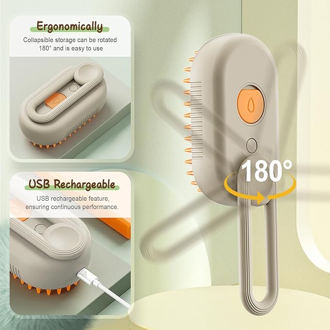 2025 New Comb for Cats Dogs, 3 in 1 Steam Cat Brush Cat Steam Brush for Shedding & Grooming, Self Cleaning 3 in 1 Pet Brush Pet Grooming Brush with Spray (Khaki+White)