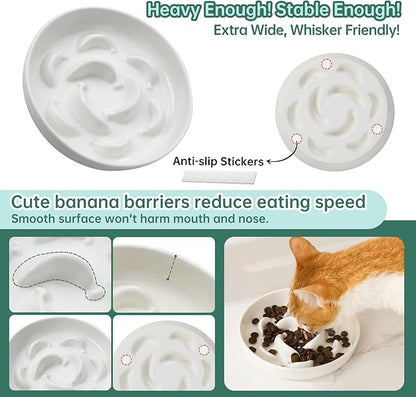 Cat Slow Feeder Bowl Set - 2-Pack Ceramic Cat Dishes for Slow Eating - Whisker-Friendly Cute Maze Bowls for Dry & Wet Food - Microwave & Dishwasher Safe - White and Pink