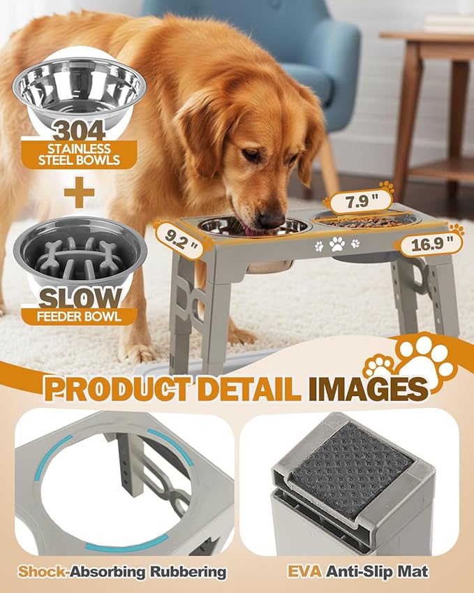 Elevated Dog Bowls for Medium Size Dogs with Mat, Non-Slip Dog Feeder with 1*Stainless Steel Dishes & 1*Slow Feeder Bowl, 5 Heights Adjustable Raised Bowls for 3.15″-8.66″-9.84″-11.02″-12.2″