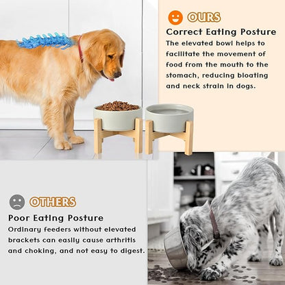 SPUNKYJUNKY Ceramic Elevated Dog Bowls 2 Pack - 5.1inch Raised Dog Bowls with Non-Slip Wooden Stand for Small Dogs Dishwasher Safe(Grey,13.5OZ*2)