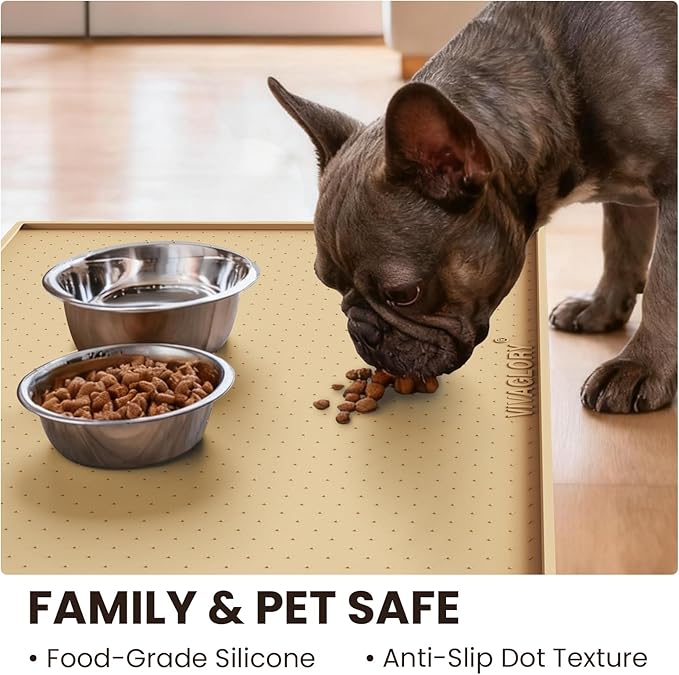VIVAGLORY Dog Bowl Mat Grippymat Pet Food Mat, Waterproof Washable Nonslip Silicone for Pet & Cat, Food and Water Placemat with Lip & Raised Edges for Indoor Floor, L, Beige Yellow