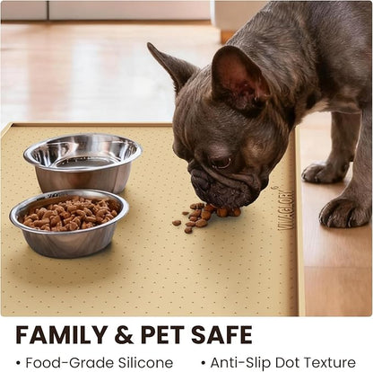 VIVAGLORY Dog Bowl Mat Grippymat Pet Food Mat, Waterproof Washable Nonslip Silicone for Pet & Cat, Food and Water Placemat with Lip & Raised Edges for Indoor Floor, L, Beige Yellow