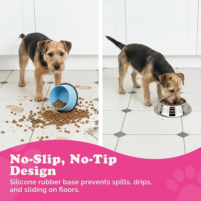 Stainless Steel Dog Bowls | Cat Bowls (Pack of 1) - Anti Skid & Non Tip Dog Water Bowl | Cat Water Bowl Set - Dishwasher Safe - 32 Oz - 950 ml - 23 cm Diameter (Elegant Silver Stripes)