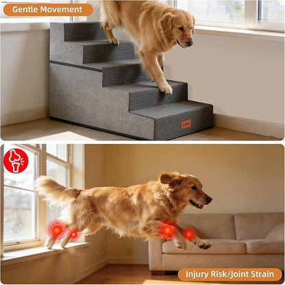 Dog Stairs for Small Dogs, 25" H, 5-Step Extra Wide Pet Steps for High Bed, Non-Slip Balanced Pet Ramp for Medium Cats,Indoor Dog Ladder, Grey