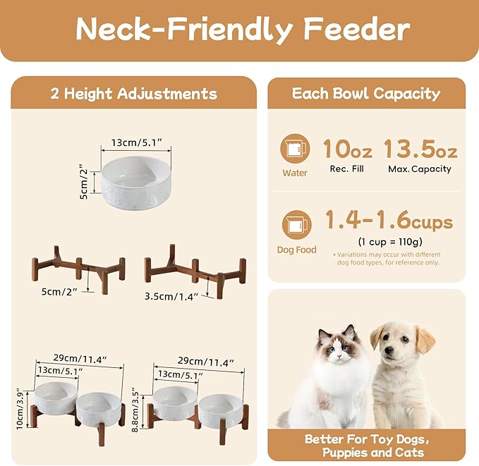 Ceramic 5.1inch Raised Double Bowls Set with Acacia Wood Stand, 2 Heights Elevated, Food & Water Bowls for Puppy, Kitty, Cats(13.5oz, Arctic White)