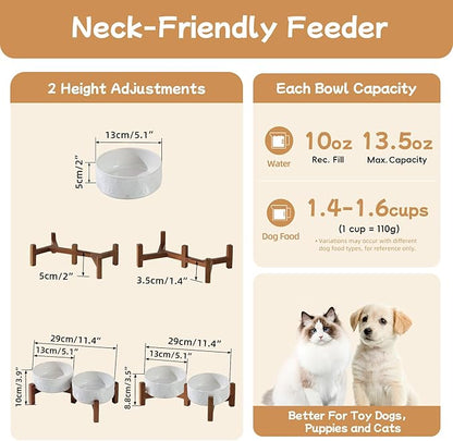 Ceramic 5.1inch Raised Double Bowls Set with Acacia Wood Stand, 2 Heights Elevated, Food & Water Bowls for Puppy, Kitty, Cats(13.5oz, Arctic White)