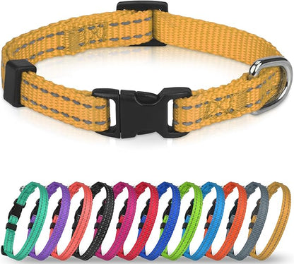 Joytale Puppy Collar, Feather-Light Double-Sided Reflective Nylon Collar for Night Safety, Adjustable Quick-Release for Extra Small Dogs, Khaki, XS (3/8" Width)