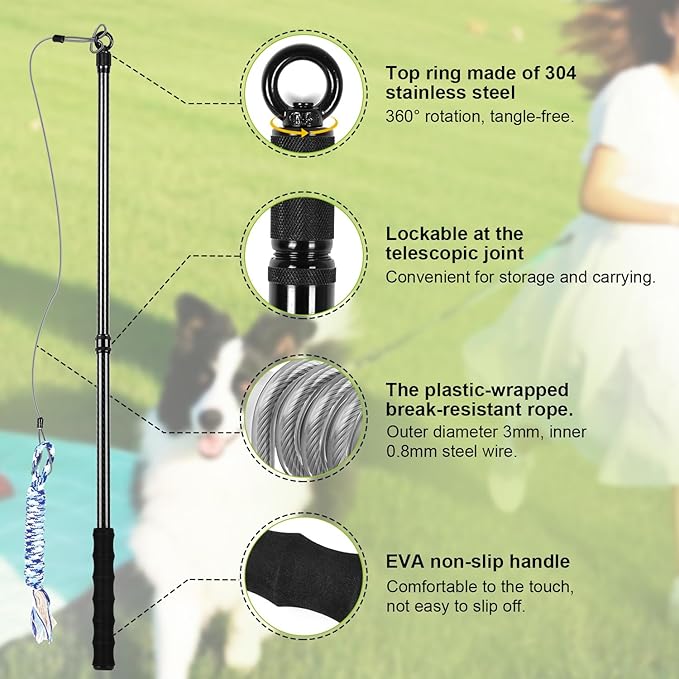 Carbon Fiber Flirt Pole for Dogs, 0.2 Pounds Lightweight Dog Flirt Pole for Large Medium Small Dogs, Telescopic Flirt Stick with 2 Toys & 2 Ropes (28 Inches Pole)