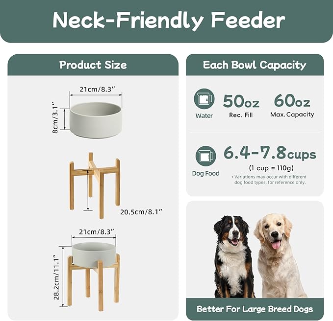 Ceramic 8.2inch Raised Dog Bowl Set, Elevated Feeder with Stand, Food and Water Bowl for Large Breed Dogs, Weighted Pet Dish(60oz, Grey)