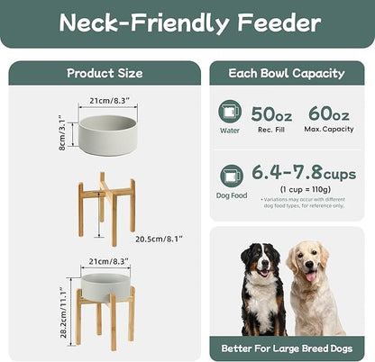 Ceramic 8.2inch Raised Dog Bowl Set, Elevated Feeder with Stand, Food and Water Bowl for Large Breed Dogs, Weighted Pet Dish(60oz, Grey)