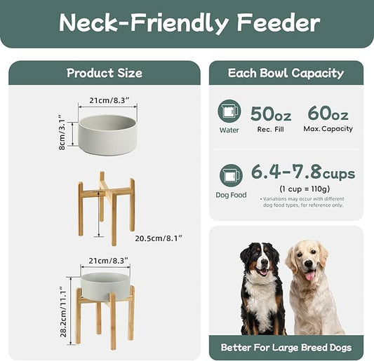 Ceramic 8.2inch Raised Dog Bowl Set, Elevated Feeder with Stand, Food and Water Bowl for Large Breed Dogs, Weighted Pet Dish(60oz, Grey)