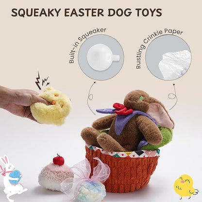 Nocciola Dog Easter Basket Dog Toys - Durable Stuffed Plush Bunny Dog Squeaky Toys for Small, Medium and Large Breeds, Easter Basket with Egg & Rabbit & Chick & Cake Puppy Toy