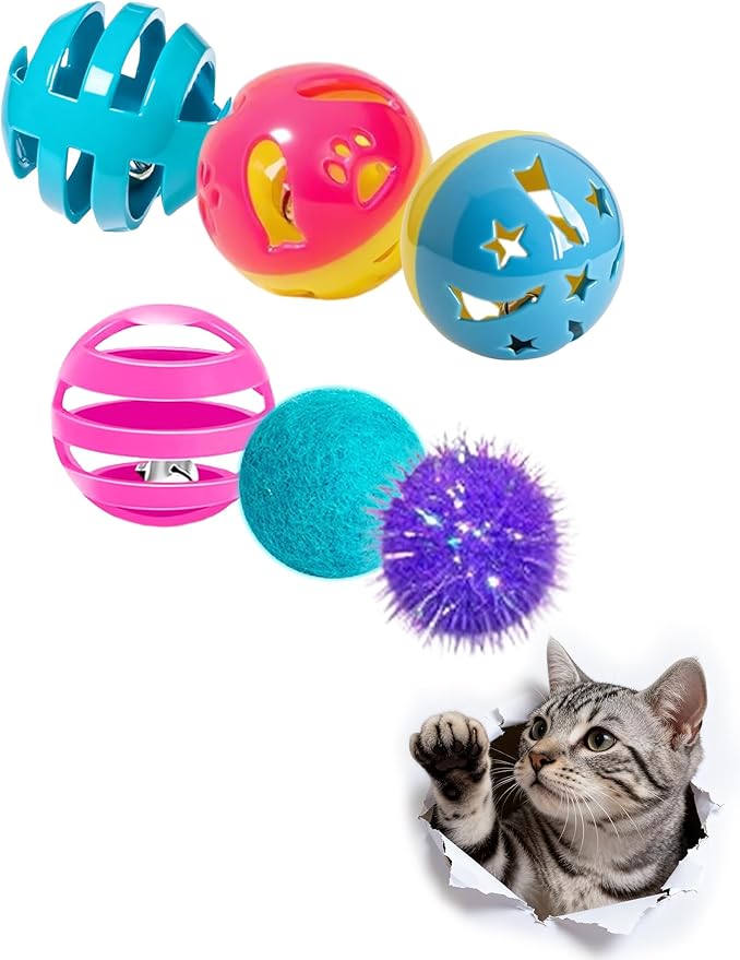 6-Pack Cat Toy Balls, 4 Bell Balls with Star and Paw Print Designs, 1 Sparkle Ball, 1 Fuzzy Ball, Interactive Cat Toys for Indoor Cats, Kitten Toys for Self Play and Exercise (1.5'')