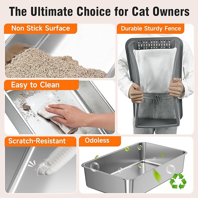 2PACK Stainless Steel Litter Boxes, Extra Large XL Odor Free Metal Litter Box with High Sides, Open Top Litter Pan Include Scoop Easy Cleaning Anti-Scratch Kitty Cat Box Anti-Urine Leakage, Non-Sticky