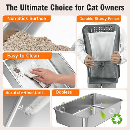 2PACK Stainless Steel Litter Boxes, Extra Large XL Odor Free Metal Litter Box with High Sides, Open Top Litter Pan Include Scoop Easy Cleaning Anti-Scratch Kitty Cat Box Anti-Urine Leakage, Non-Sticky
