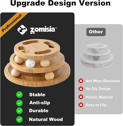 Cat Ball Track Toy with Puzzle Top and DIY Bell, Wooden Cat Toys for Indoor Cats, Interactive Kitty Ball Tower for Kitten Exercise Mental Physical