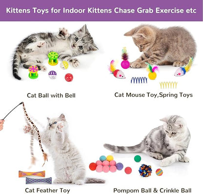 Retro Shaw 33Pcs Cat Toys, Large Cat Tunnels with Toys, Interactive Kitten Toys for Indoor Cats Kitty, Collapsible Cat Tube Tent Feather Wand Teaser Bell Fuzzy Ball Crinkly Springs Mouse