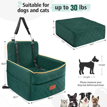 HEGGCOOE Dog Car Seat for Small Medium Dogs, Memory Foam Puppy Dog Booster Seat with Thick Cushion for Dogs Under 35lbs, Detachable Washable Pet Car Seat Travel Bed with Storage Pockets,2 Safety Belts