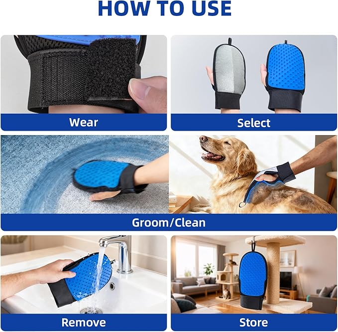 2 in 1 Pet Hair Removal Glove for Dog & Cat, Silicone Pet Grooming Gloves, Reusable Magic Pet Hair Brush, Electrostatic Pet Hair Remover Tool for Sofa, Carpets, Furniture, Car Seats, Clothing