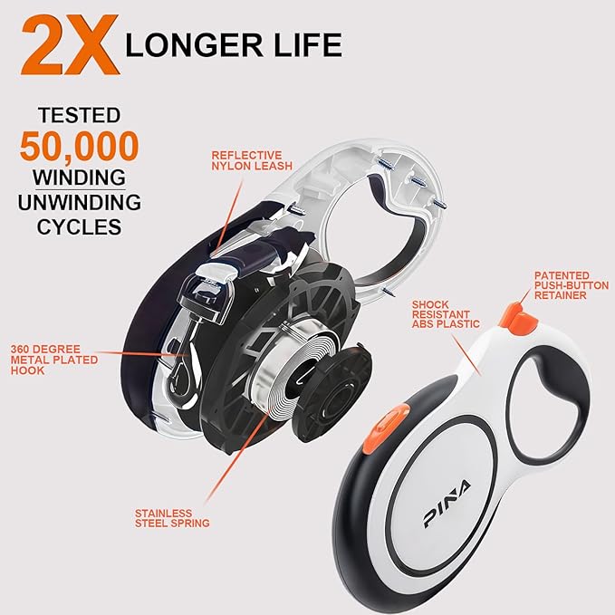 PINA Upgraded Retractable Dog Leash, 26 ft Dog Leash for Small Medium Large Dogs Up to 110lbs, Heavy Duty Reflective Nylon Tape 360° Tangle-Free, with Anti-Slip Handle, One-Handed Brake, Pause, Lock