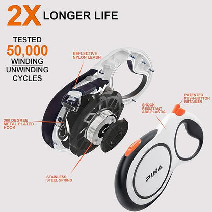 PINA Upgraded Retractable Dog Leash, 26 ft Dog Leash for Small Medium Large Dogs Up to 110lbs, Heavy Duty Reflective Nylon Tape 360° Tangle-Free, with Anti-Slip Handle, One-Handed Brake, Pause, Lock