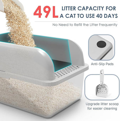 8" Deep Stainless Steel Cat Litter Box with Lid Extra Large Litter Box for Big Cats XL Metal Litter Box Pan with High Wall Sides Enclosure, Non-Sticky, Anti-Leakage, Easy Cleaning