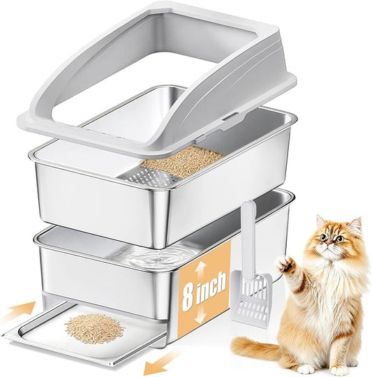 23.6"x15.7"x13.78" Stainless Steel Sifting Litter Box with Lid, XL Sifting Design for Pine Pellets, High Sides Metal Litter Box for Big Cats 7.9in Deep, Easy-to-Clean Removable Drawer Pan