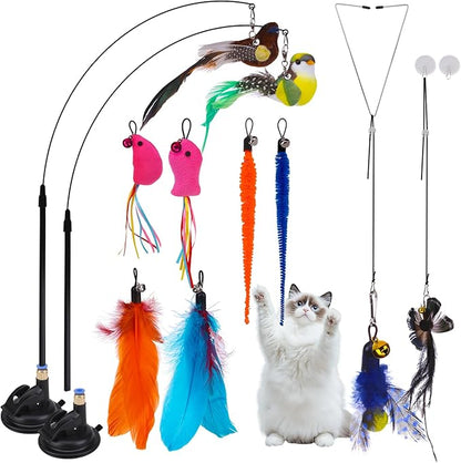 PAWCHIE Cat Wand Toy,19 Pcs Interactive Cat Feather Toy,Reusable Suction Cup Cat Bird Simulation Toy Set,Self Play Cat Kitten Toys for Indoor Play Exercise，Hanging String and Mouse Toy