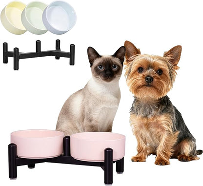 Elevated Ceramic Dog Bowl Set - Cute Double Dishes with Stainless Steel Stand – Raised Feeding Bowls for Cats and Small Dogs - Food & Water Set - 5" / 1.4 Cups (140 g / 260 ml) - Pink