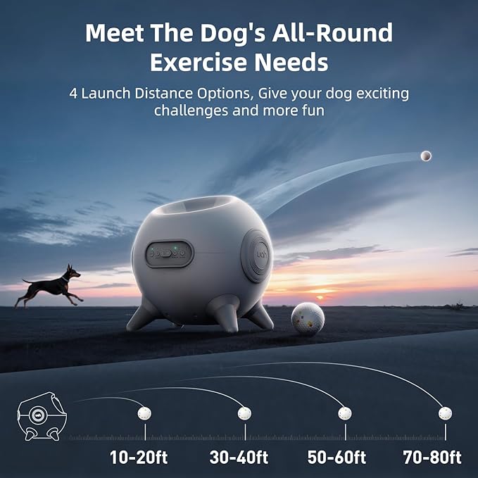 uahpet Automatic Ball Launcher for Dog with Obstacle Detection, 20ft-80ft Adjustable Distances Ball Thrower Launcher for Medium & Large Dogs with 3Balls (2.5 inches)
