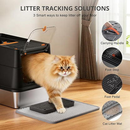 Stainless Steel Cat Litter Box, XL Enclosed Cat Litter Box with Lid, Easy to Clean High-Sided Metal Kitty with Top Entry, Scoop, Mat, Brush & Foot Pedal-Black