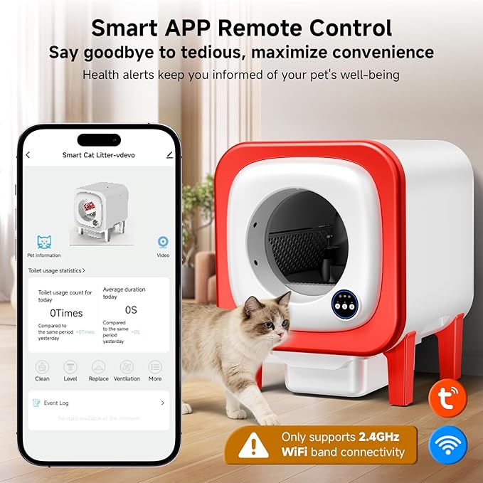 Self Cleaning Litter Box, Extra Large Automatic Cat Litter Box Self Cleaning for Multiple Cats, App Control, Safety Protection, Ultra-Quiet,Includes Trash Bags,Red