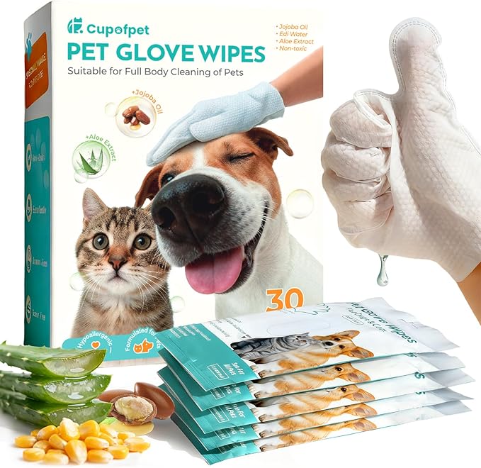 Pet Glove Wipes for Dogs and Cats, No-Rinse Dog Cleaning Gloves, Unscented Thick Glove Wipes for Waterless Cleaning, Daily Care & Travel, 30 Count