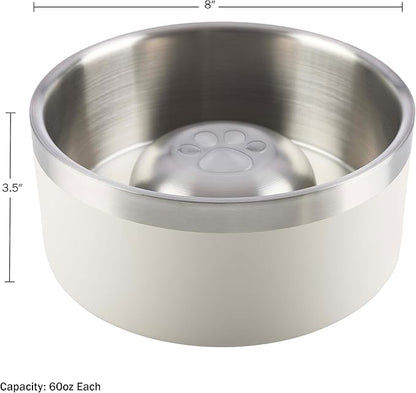 Set of 2 Stainless Steel Slow Feeder Dog Bowls - 60oz or 7.5 Cups Double Wall Insulated Food and Water Bowls for Dogs - Non Slip Metal Pet Dishes for Medium to Large Sized Pets by PETMAKER (Cream)