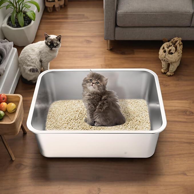 Stainless Steel Cat Litter Box - Large Metal High-Sided Pan for Cats, Pets, Non-Stick, Odor-Free, Easy to Clean, Splash-Proof, Durable (23.6" L x 15.8" W x 6" H)
