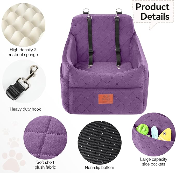 GL GLENSLAVE Dog Car Seat for Small/Medium Dogs, Dog Booster Car Seats with Thick Cushion for Dogs Under 35lbs, Detachable Washable Pet Carseat with Storage Pockets, 2 Safety Belts(Purple)