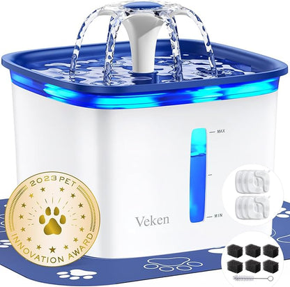 Veken Innovation Award Winner 95oz/2.8L Pet Fountain, Automatic Cat Water Fountain Dog Water Dispenser with 6 Replacement Filters & Silicone Mat for Cats, Dogs (Blue, Plastic)