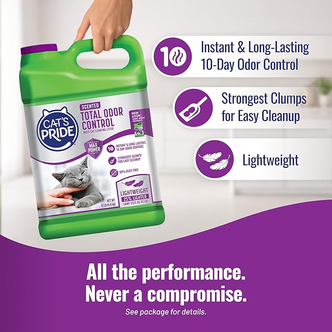 Cat's Pride Max Power: Total Odor Control - Up to 10 Days of Powerful Odor Control - Strong Clumping - 99% Dust Free - Multi-Cat Litter, Scented, 15 Pounds