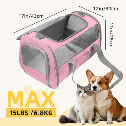 Soft Side Cat Carrier Airline Approved for Puppy Kitten Dog Carriers for Small Medium Cats Under 15lb, Collapsible TSA Approved Travel Pet Carrier, Pink with Grey
