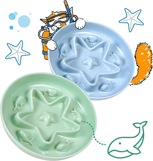 2 Pcs Cat Slow Feeder Bowl – Whisker Friendly Melamine Puzzle Feeding Cat Bowl for Slow Eating – Wet & Dry Food – Dishwasher Safe, Lightweight, Non-Slip (Ocean Mist + Seafoam Green, 6.3'')