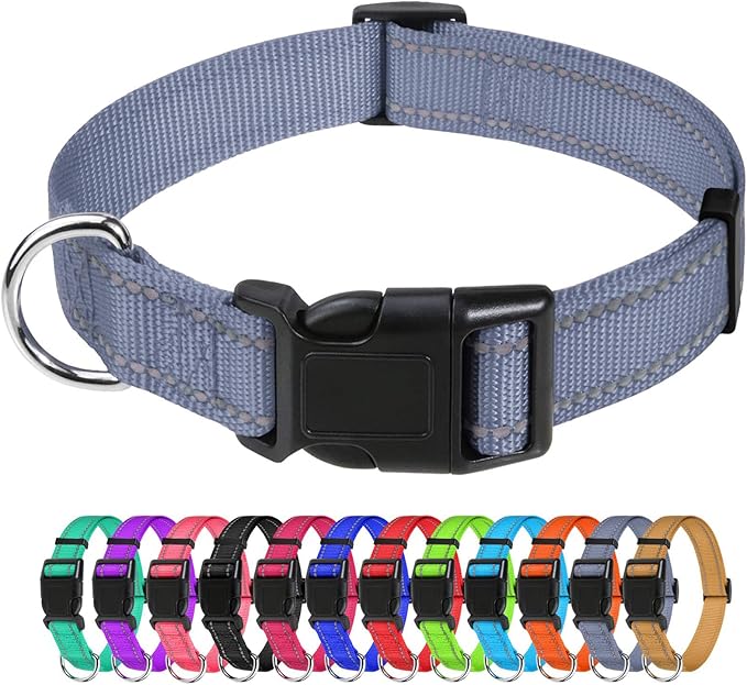 TagME Reflective Nylon Dog Collars, Adjustable Classic Pet Collar with Quick Release Buckle for Extra Large Dogs, Grey, 1¼"Width