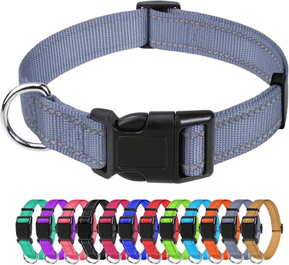 TagME Reflective Nylon Dog Collars, Adjustable Classic Pet Collar with Quick Release Buckle for Extra Large Dogs, Grey, 1¼"Width