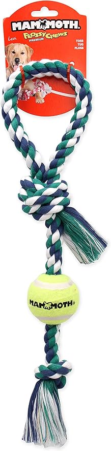 Mammoth Flossy Chews Color 3 Knot Tug with Tennis Ball Premium Cotton-Poly Tug Toy for Dogs Interactive Dog Tug Toy Rope Dog Toy with Tennis Ball for Small to Medium Dogs Medium 20" - Assorted Colors