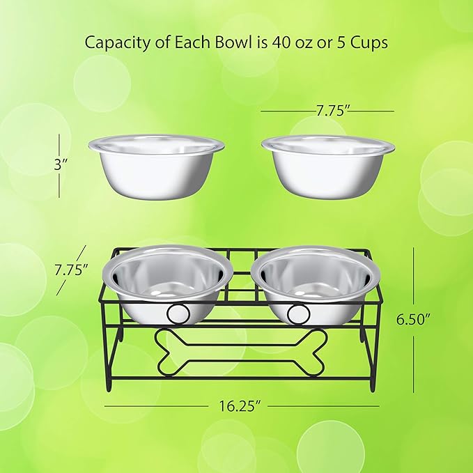 Set of 2 Stainless Steel Dog Bowls - 40oz Pet Bowls with Decorative Dog Food Stand - Metal Food and Water Dishes for Large Pets - Puppy Essentials by PETMAKER (Silver/Black)