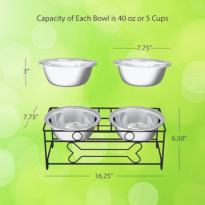 Set of 2 Stainless Steel Dog Bowls - 40oz Pet Bowls with Decorative Dog Food Stand - Metal Food and Water Dishes for Large Pets - Puppy Essentials by PETMAKER (Silver/Black)