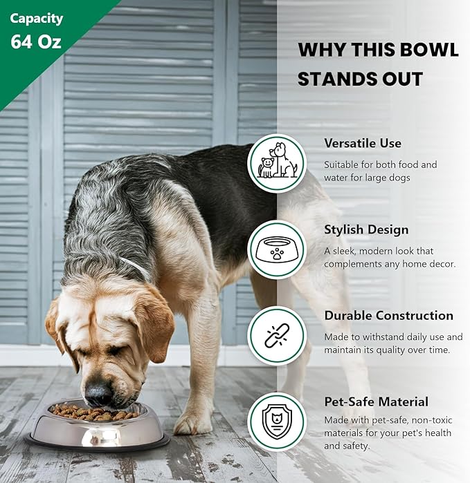 Iconic Pet 8 Cup/64 Oz Heavy Weight Non-Skid Stainless Steel High Back Pet Food/Water Bowls with Removable Anti Skid Rubber Ring - Dog/Cat Feeding Bowl in Unique Design, Dishwasher Safe