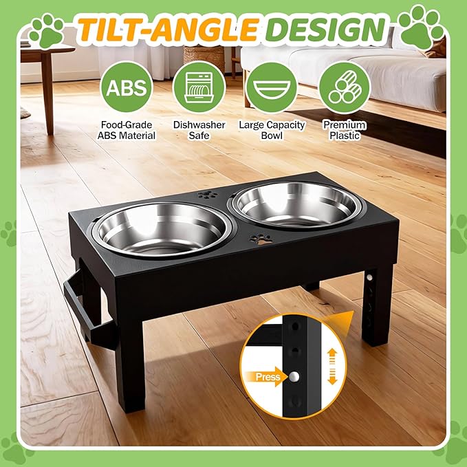 Elevated Dog Bowls, 4 Height Adjustable Raised Bowl Stand with 2 Stainless Steel 7" Food Feeder Bowls for Small Medium and Large Dogs （Plastic）