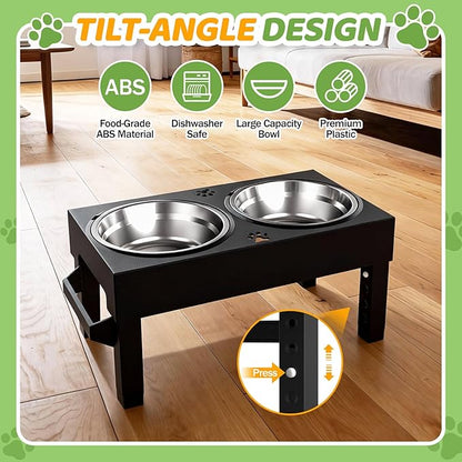 Elevated Dog Bowls, 4 Height Adjustable Raised Bowl Stand with 2 Stainless Steel 7" Food Feeder Bowls for Small Medium and Large Dogs （Plastic）